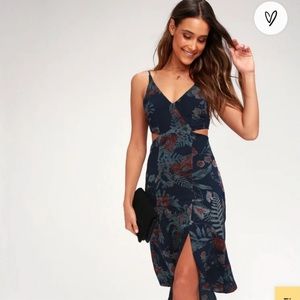Lulu's Peek a Bloom Dress Midi Cutout V Neck Leg Split Navy Floral